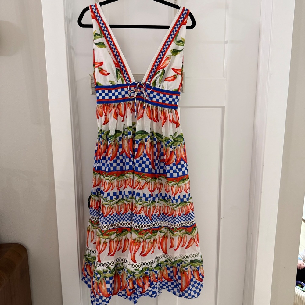 FARM Rio Picnic Peppers Midi Dress Small Off-White Red Blue Checkered Eyelet